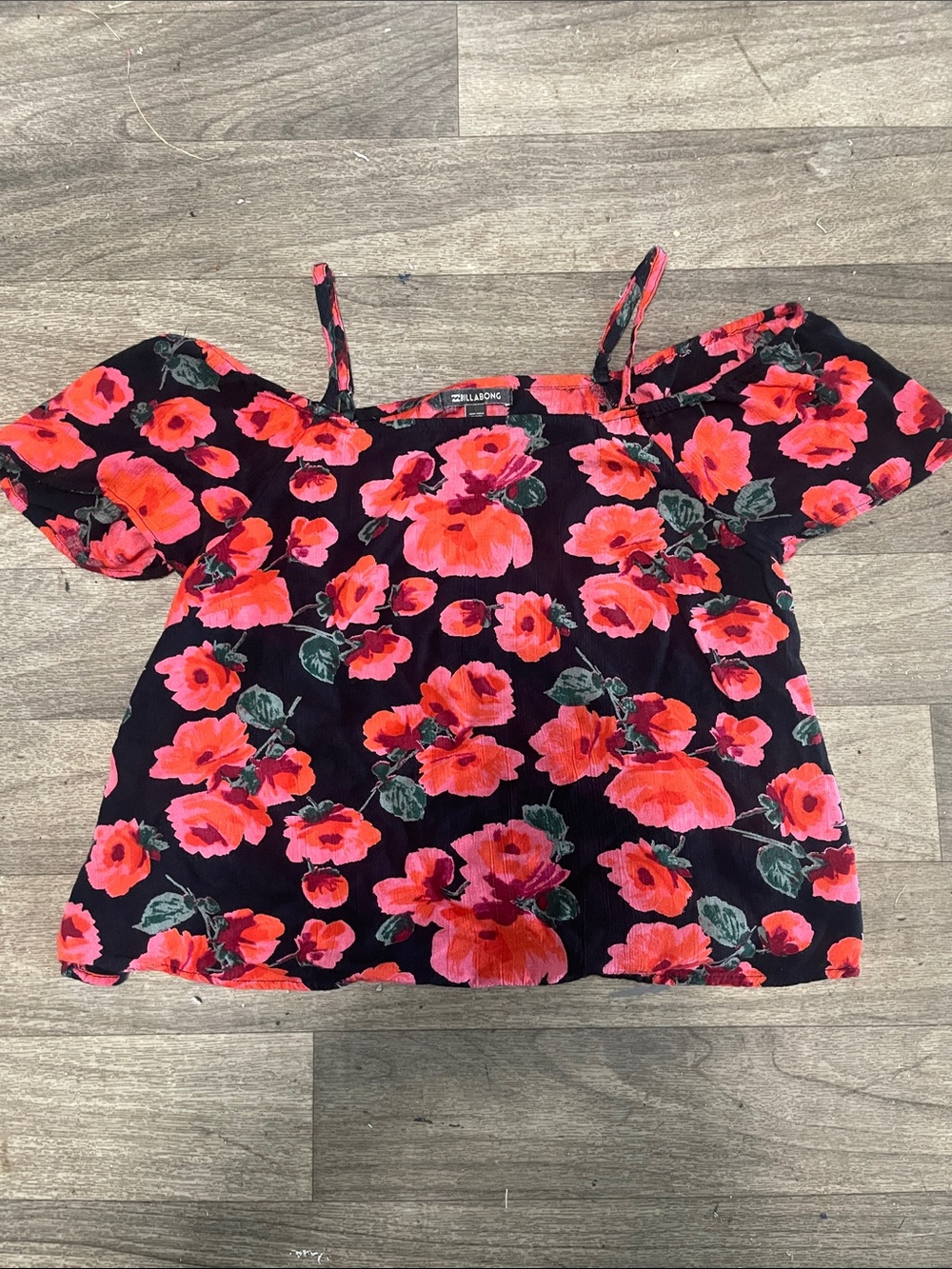 Billabong Black Camisole with Bright Coral-Red Floral Print